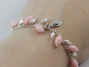 różowy koral, srebro, bransoletka, łańcuszek, oliwki, biżuteria srebrna, biżuteria autorska, chileart